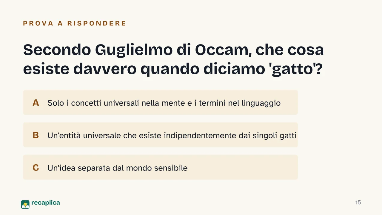 Slide 15 della presentazione su Filosofia scolastica: Secondo Guglielmo di Occam, che cosa esiste davvero quando diciamo 'gatto'?