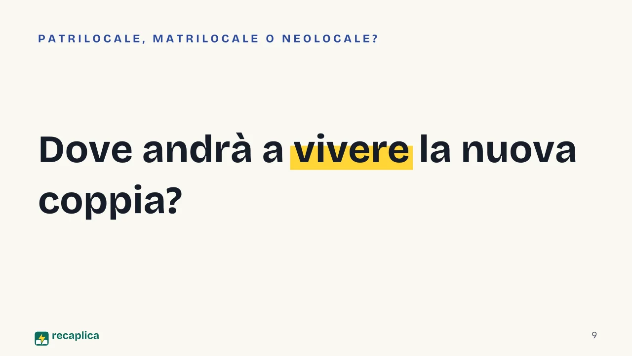 Slide 9 della presentazione su Parentela e famiglia nelle culture del mondo: Dove andrà a vivere la nuova coppia?
