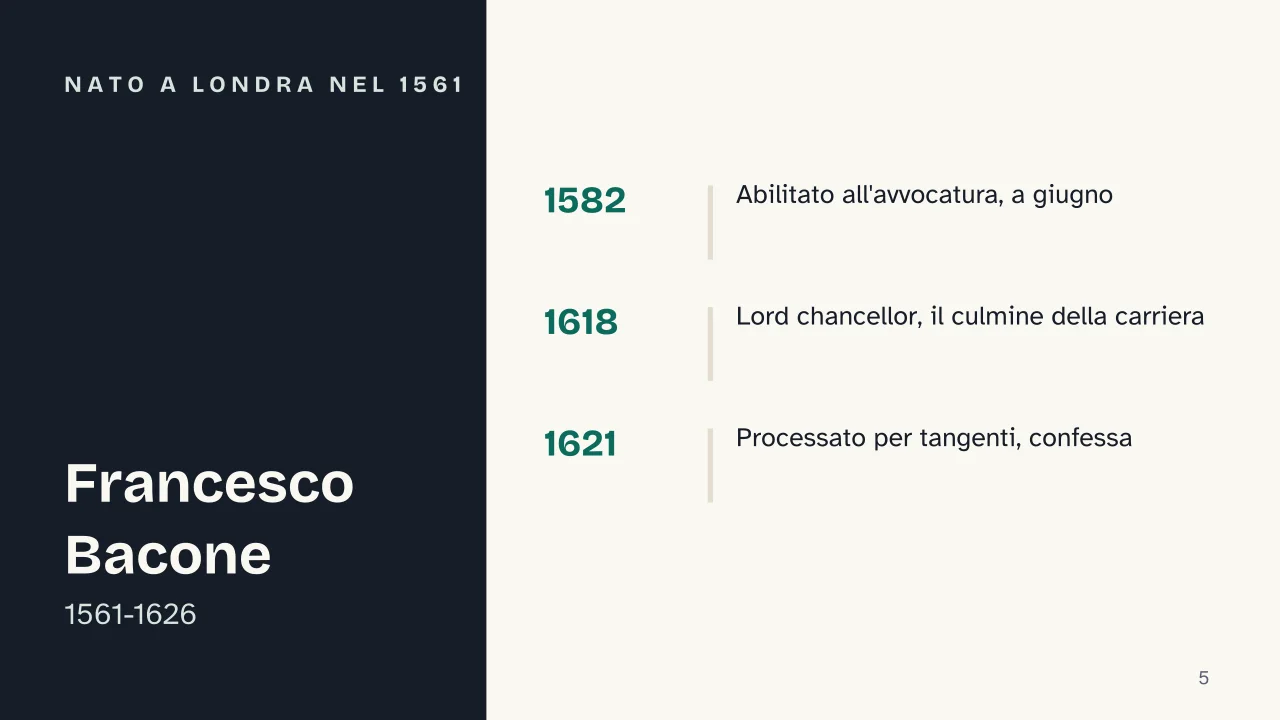Slide 5 della presentazione su Francesco Bacone: Nato a Londra nel 1561