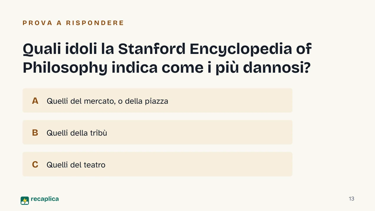 Slide 13 della presentazione su Francesco Bacone: Quali idoli la Stanford Encyclopedia of Philosophy indica come i più dannosi?