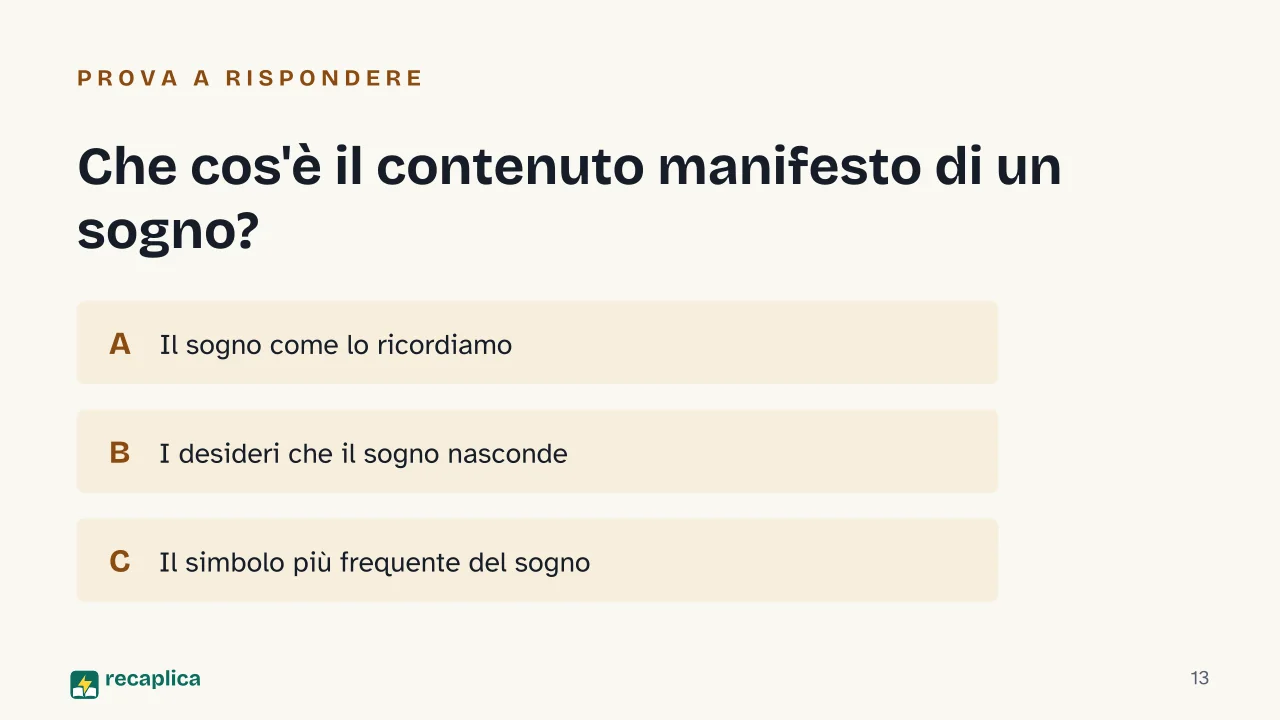 Slide 13 della presentazione su Freud e l'interpretazione dei sogni: Che cos'è il contenuto manifesto di un sogno?