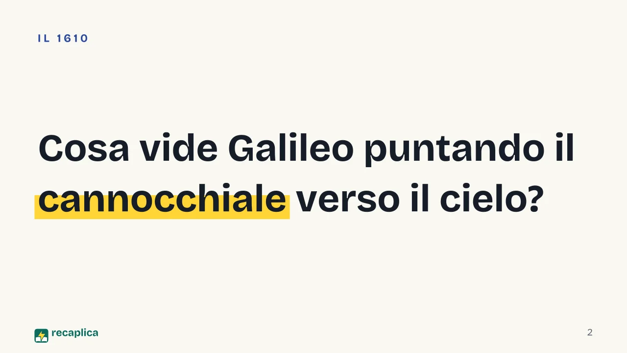 Slide 2 della presentazione su Galileo Galilei: Cosa vide Galileo puntando il cannocchiale verso il cielo?