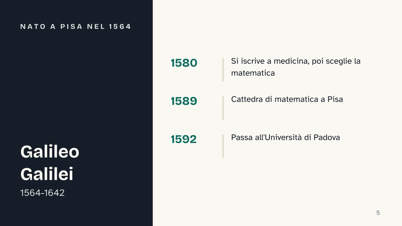 Slide 5 della presentazione su Galileo Galilei: Nato a Pisa nel 1564