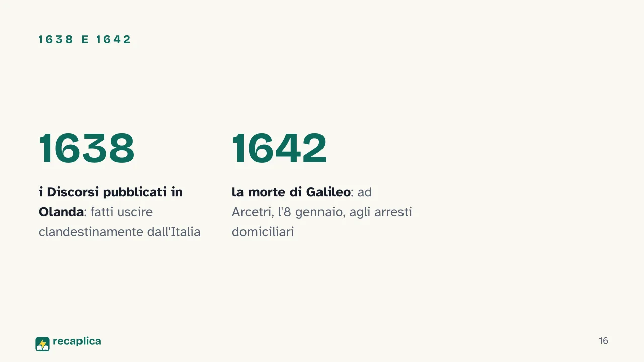 Slide 16 della presentazione su Galileo Galilei: 1638 e 1642