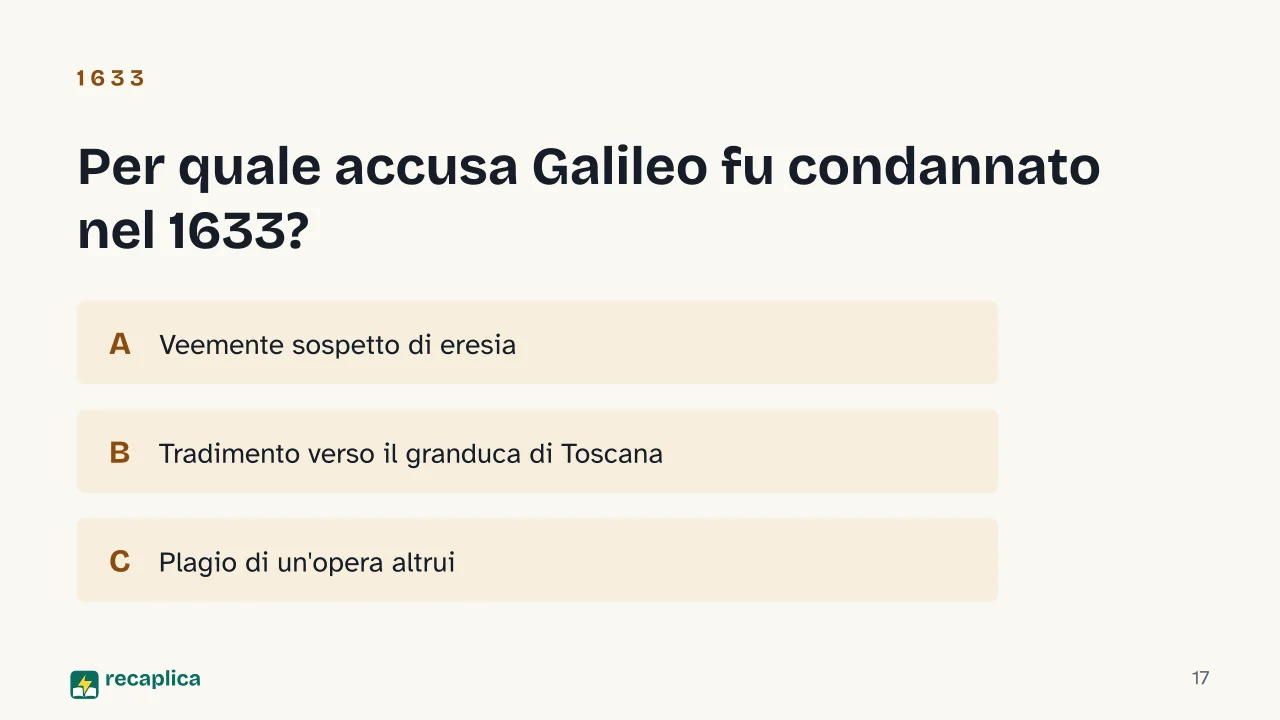 Slide 17 della presentazione su Galileo Galilei: Per quale accusa Galileo fu condannato nel 1633?