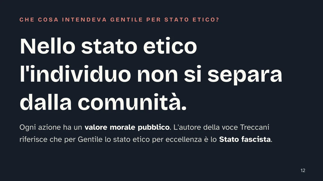 Slide 12 della presentazione su Giovanni Gentile: Nello stato etico l'individuo non si separa dalla comunità.