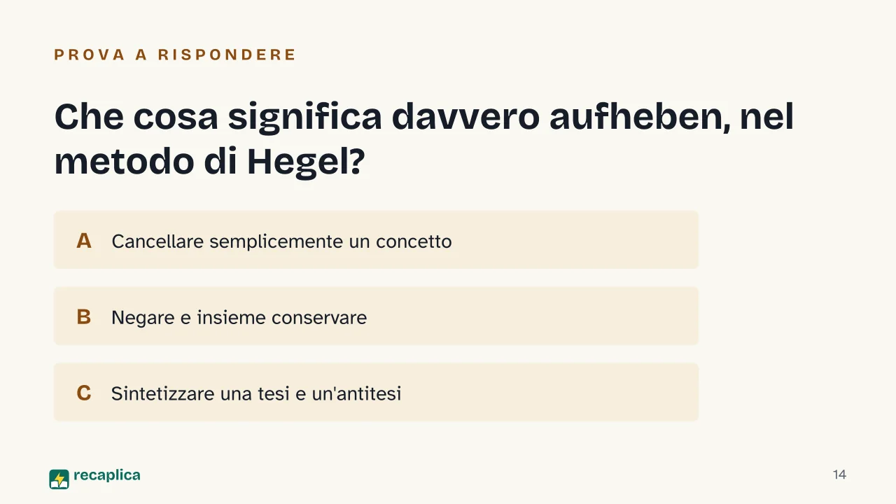 Slide 14 della presentazione su Hegel e l'idealismo tedesco: Che cosa significa davvero aufheben, nel metodo di Hegel?