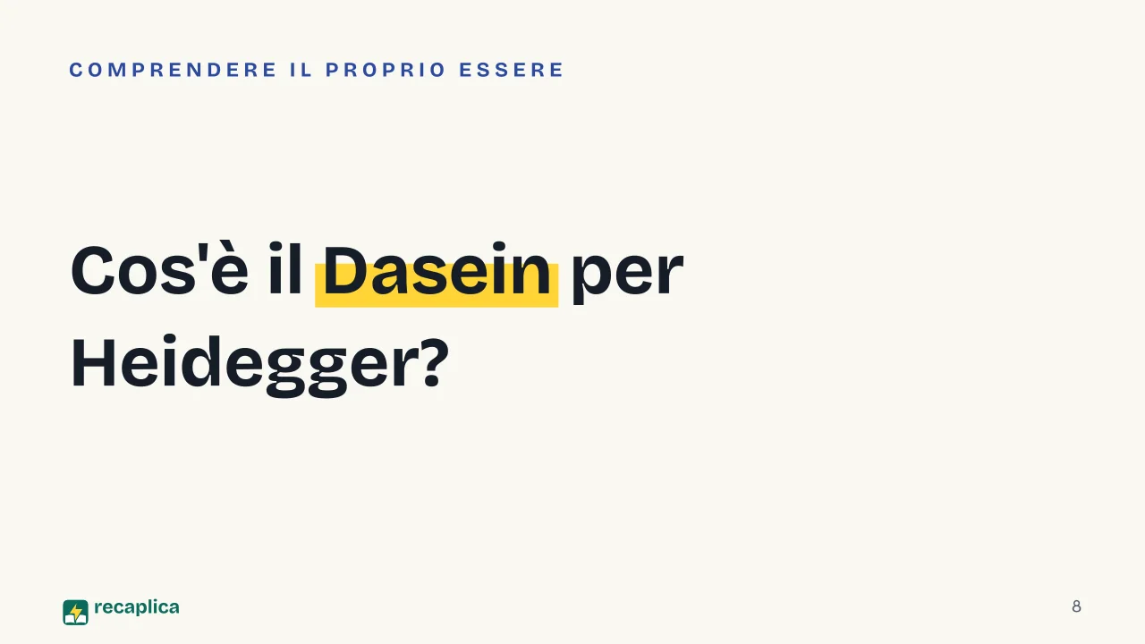 Slide 8 della presentazione su Heidegger: Cos'è il Dasein per Heidegger?