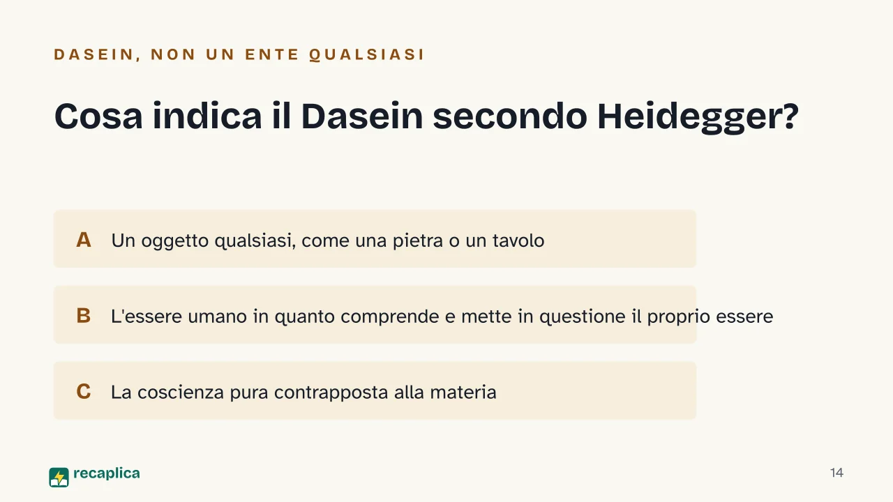 Slide 14 della presentazione su Heidegger: Cosa indica il Dasein secondo Heidegger?