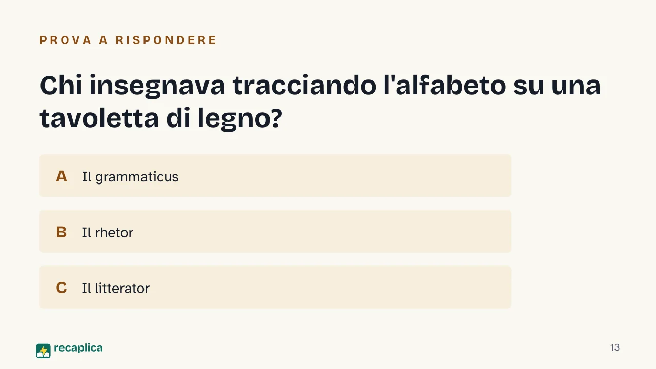 Slide 13 della presentazione su Humanitas romana: Chi insegnava tracciando l'alfabeto su una tavoletta di legno?