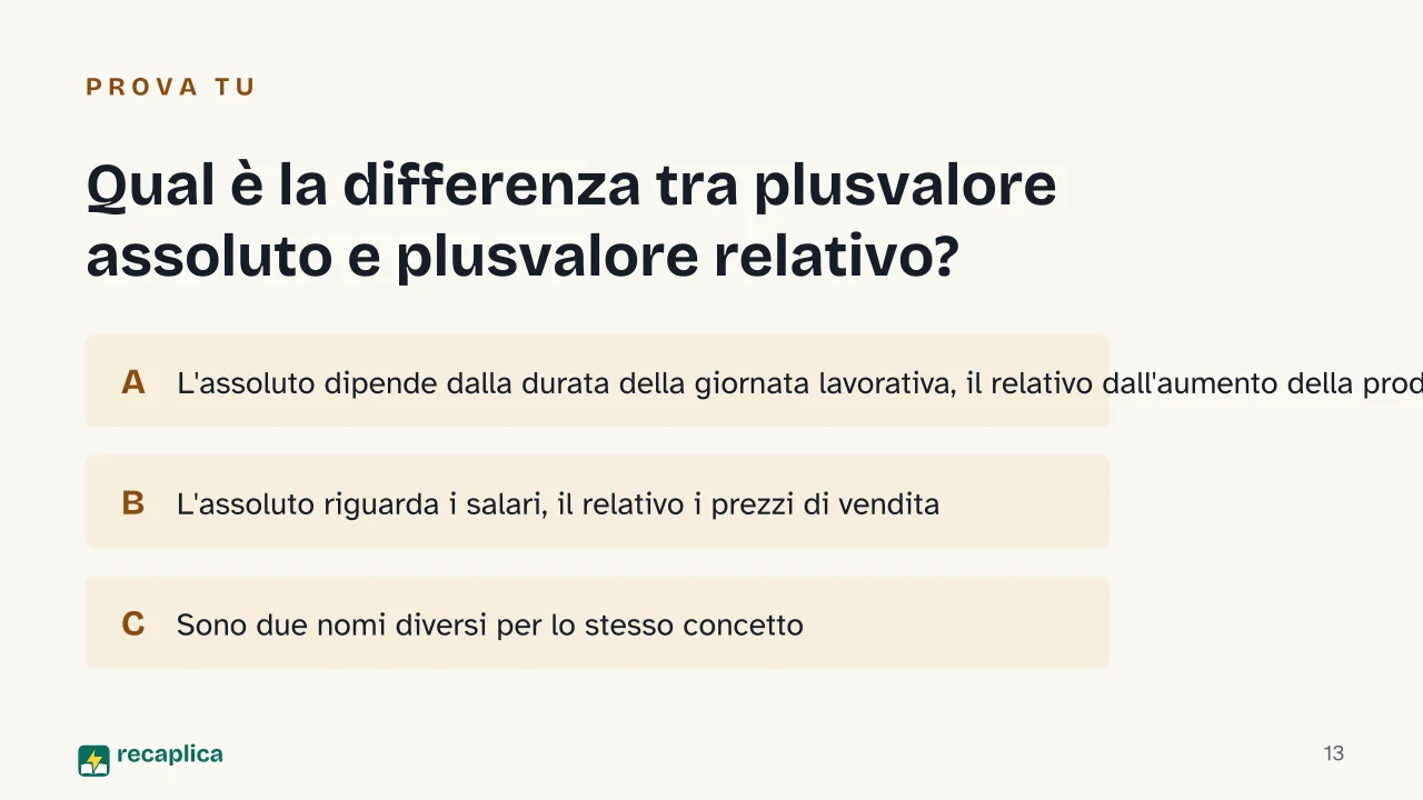 Slide 13 della presentazione su Il Capitale di Karl Marx: Qual è la differenza tra plusvalore assoluto e plusvalore relativo?