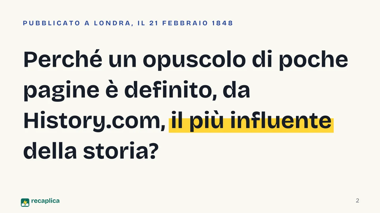 Slide 2 della presentazione su Manifesto del Partito Comunista: Perché un opuscolo di poche pagine è definito, da History.com, il più influente della storia?