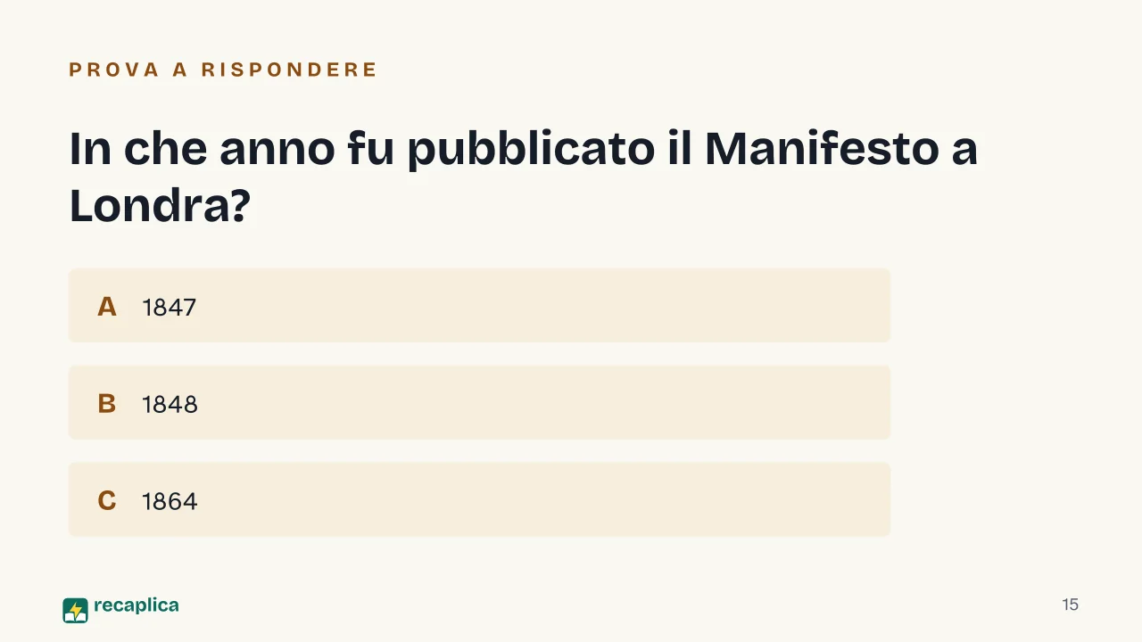 Slide 15 della presentazione su Manifesto del Partito Comunista: In che anno fu pubblicato il Manifesto a Londra?
