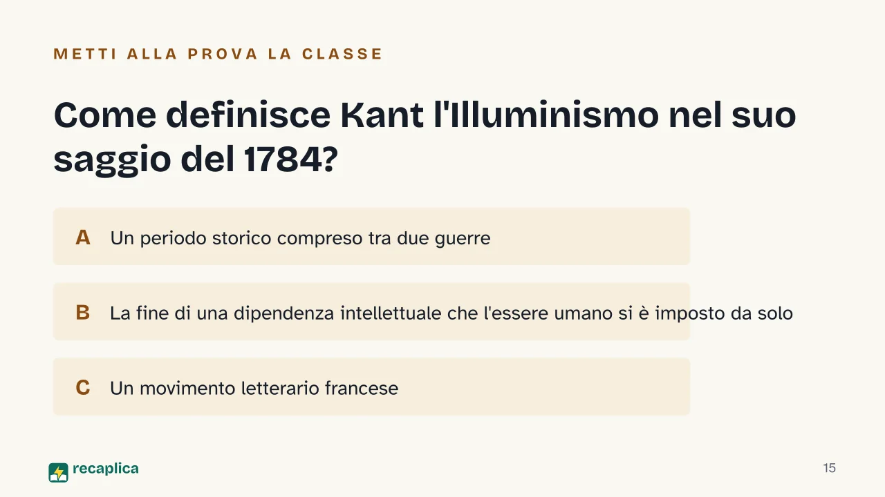Slide 15 della presentazione su Illuminismo: Come definisce Kant l'Illuminismo nel suo saggio del 1784?