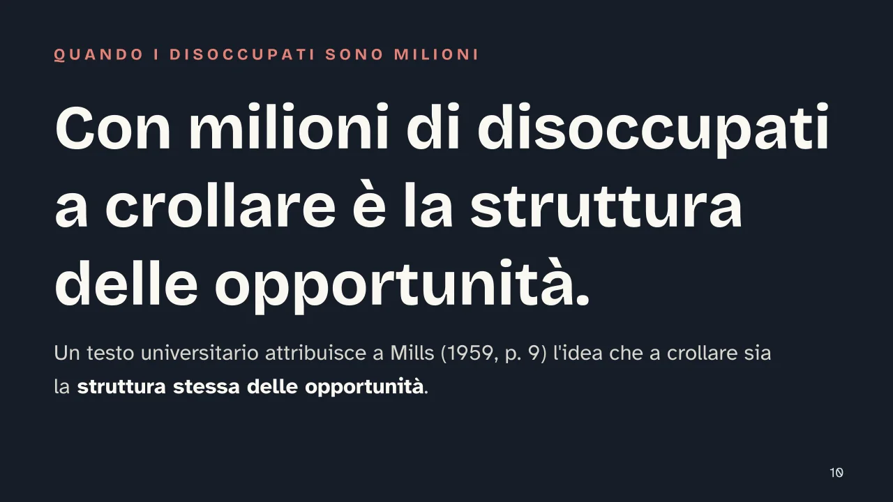 Slide 10 della presentazione su Immaginazione sociologica di C. Wright Mills: Con milioni di disoccupati a crollare è la struttura delle opportunità.