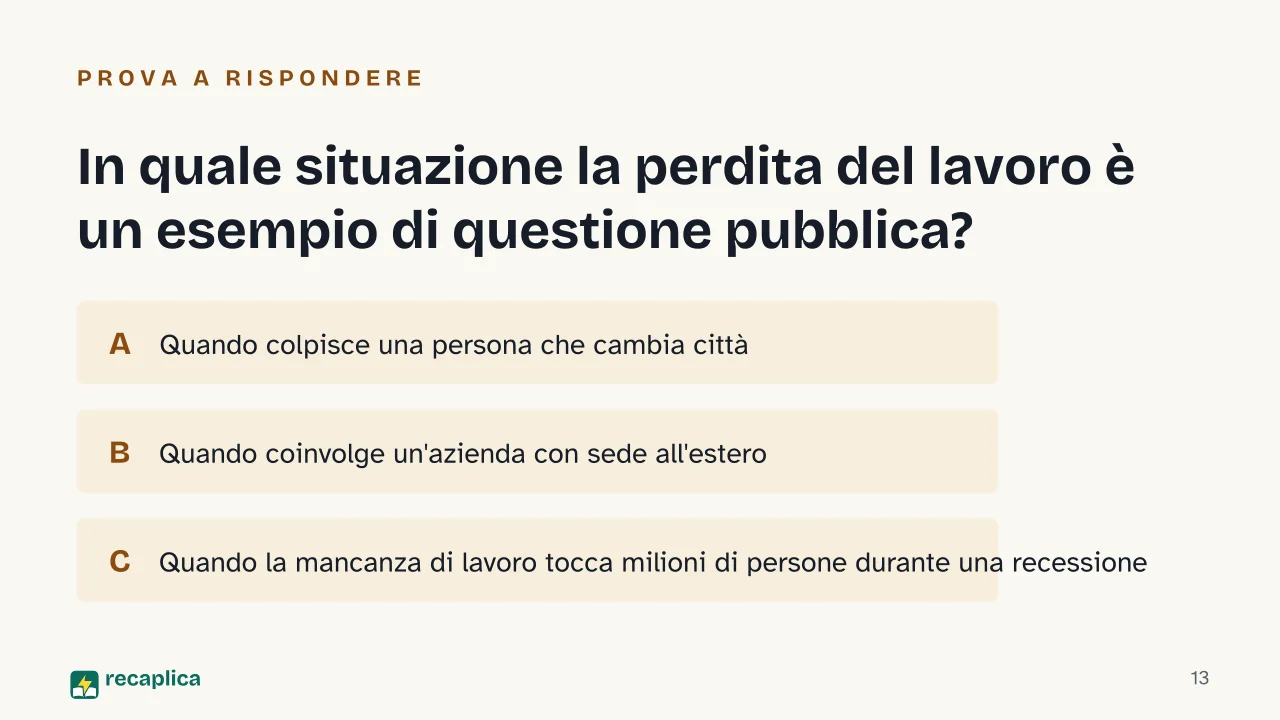 Slide 13 della presentazione su Immaginazione sociologica di C. Wright Mills: In quale situazione la perdita del lavoro è un esempio di questione pubblica?