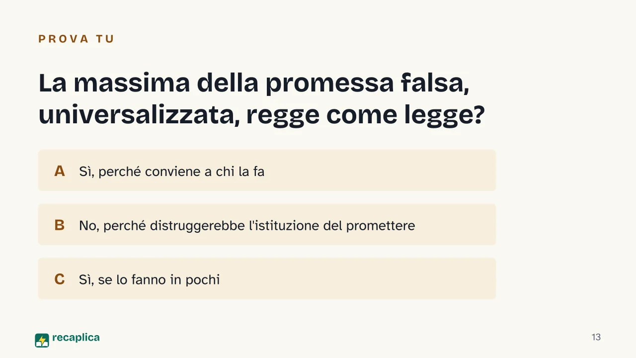 Slide 13 della presentazione su Imperativo categorico: La massima della promessa falsa, universalizzata, regge come legge?