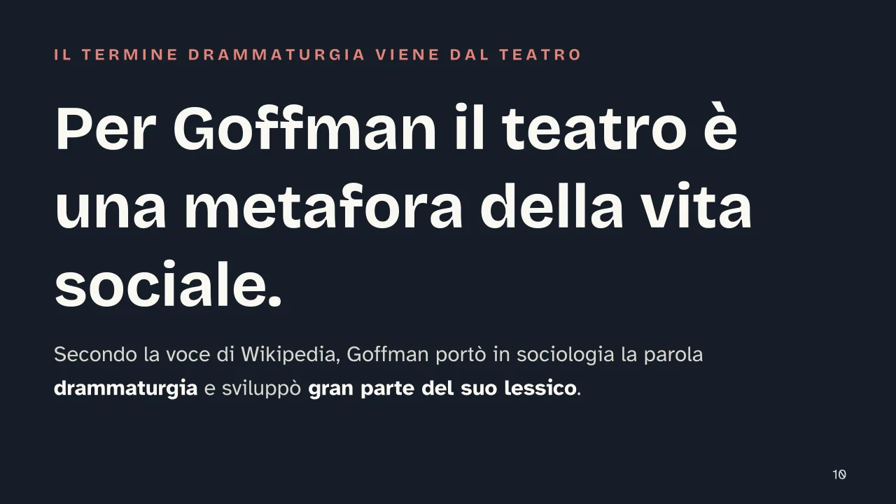 Slide 10 della presentazione su Interazionismo simbolico: Per Goffman il teatro è una metafora della vita sociale.