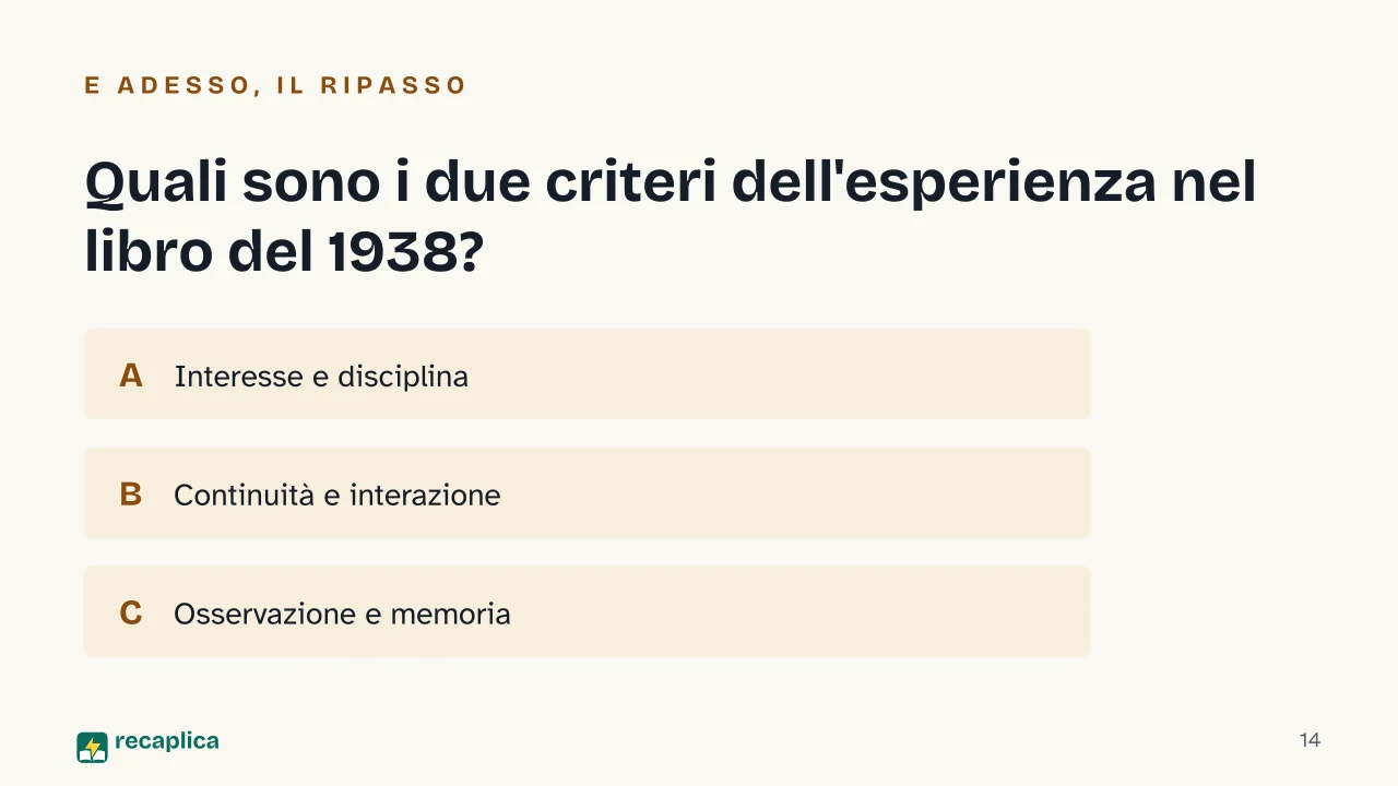 Slide 14 della presentazione su John Dewey: Quali sono i due criteri dell'esperienza nel libro del 1938?