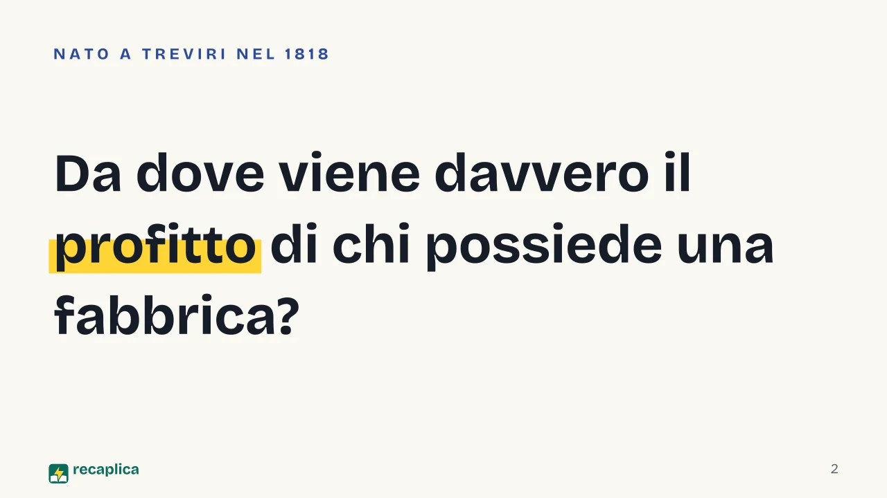 Slide 2 della presentazione su Karl Marx: Da dove viene davvero il profitto di chi possiede una fabbrica?