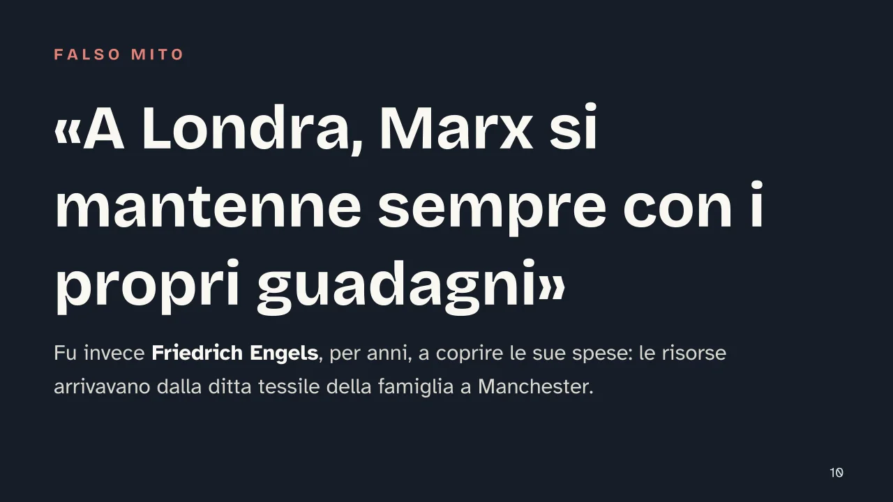 Slide 10 della presentazione su Karl Marx: «A Londra, Marx si mantenne sempre con i propri guadagni»