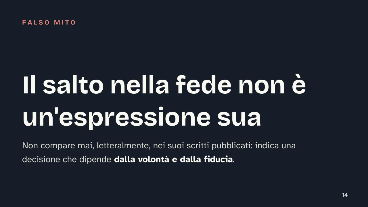 Slide 14 della presentazione su Kierkegaard e la filosofia dell'esistenza: Il salto nella fede non è un'espressione sua