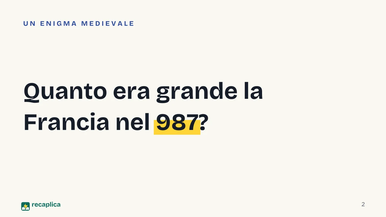 Slide 2 della presentazione su Capetingi: Quanto era grande la Francia nel 987?