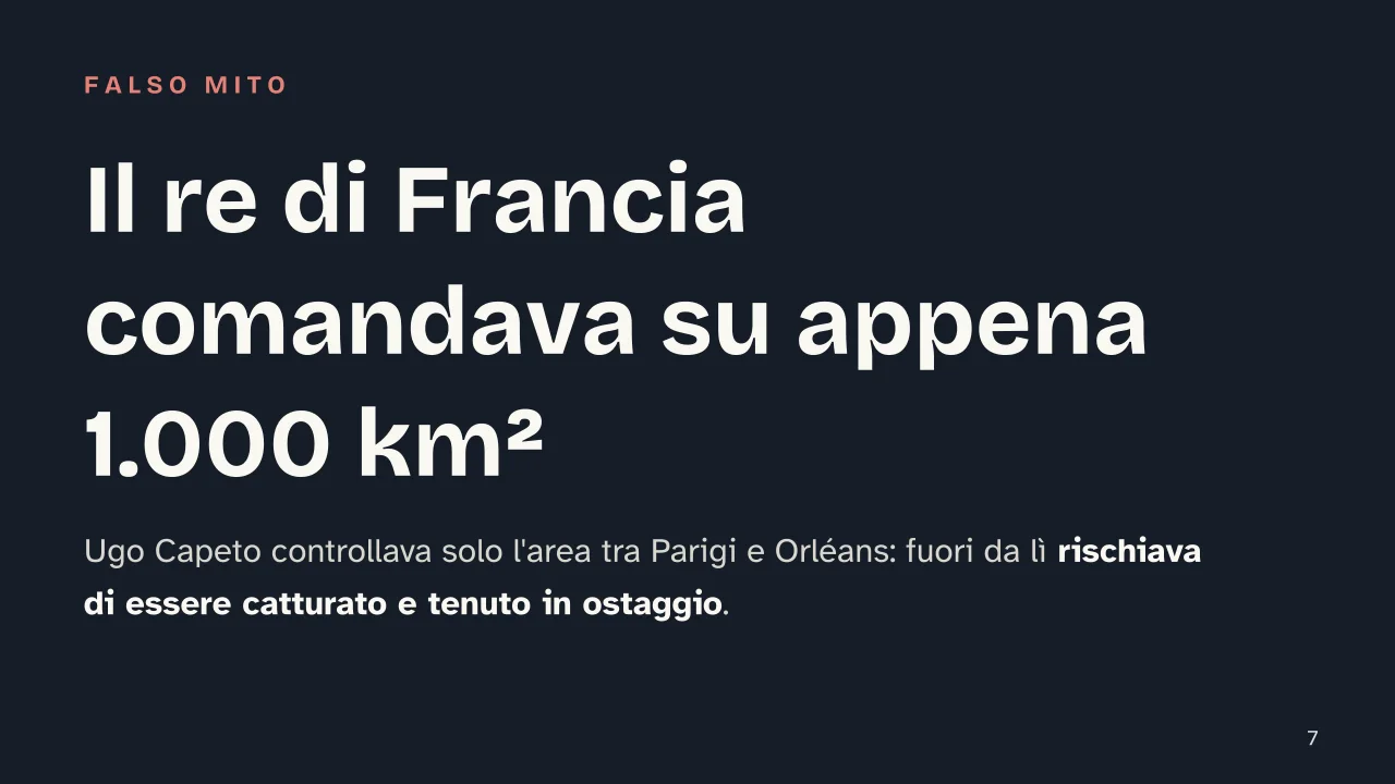 Slide 7 della presentazione su Capetingi: Il re di Francia comandava su appena 1.000 km²
