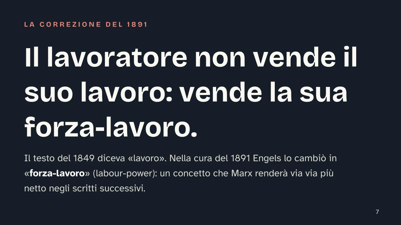 Slide 7 della presentazione su Lavoro salariato e capitale: Il lavoratore non vende il suo lavoro: vende la sua forza-lavoro.