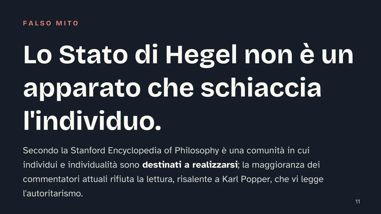 Slide 11 della presentazione su Lineamenti della filosofia del diritto di Hegel: Lo Stato di Hegel non è un apparato che schiaccia l'individuo.