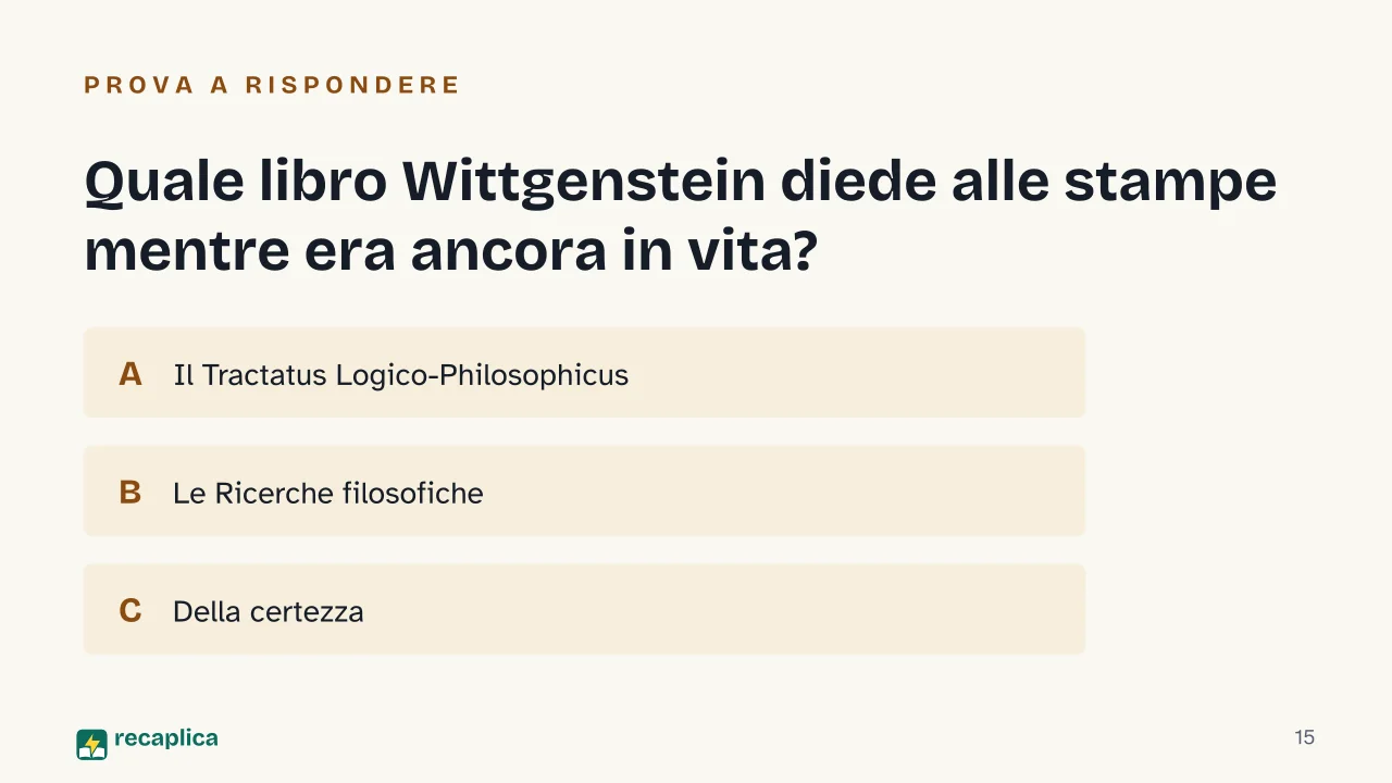 Slide 15 della presentazione su Wittgenstein e la filosofia analitica: Quale libro Wittgenstein diede alle stampe mentre era ancora in vita?