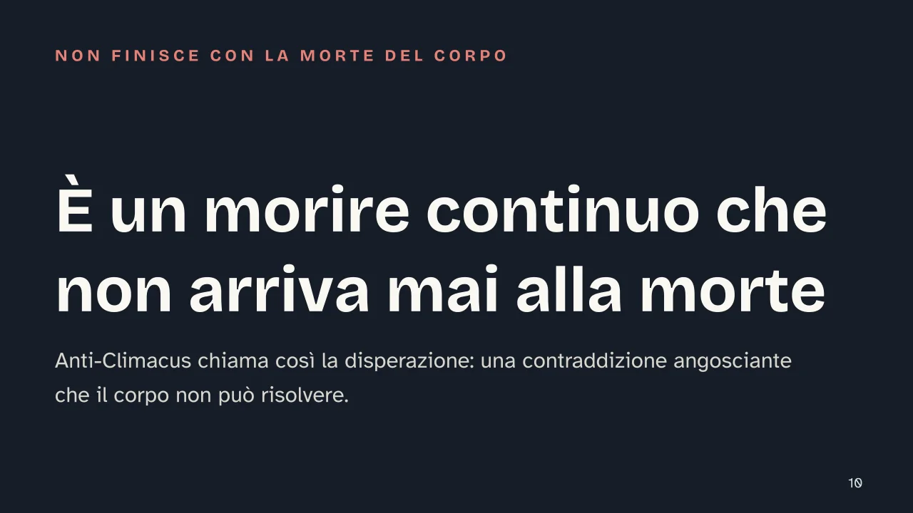 Slide 10 della presentazione su Disperazione in Kierkegaard: È un morire continuo che non arriva mai alla morte