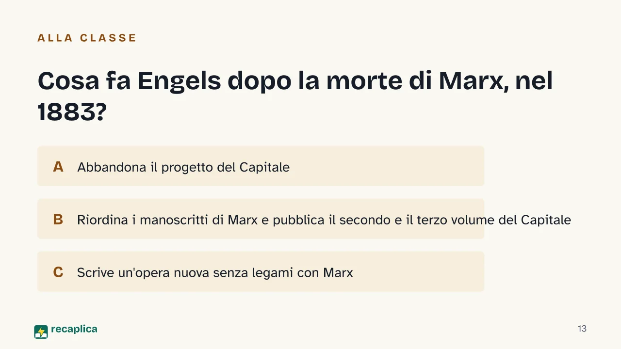 Slide 13 della presentazione su Marx ed Engels: Cosa fa Engels dopo la morte di Marx, nel 1883?