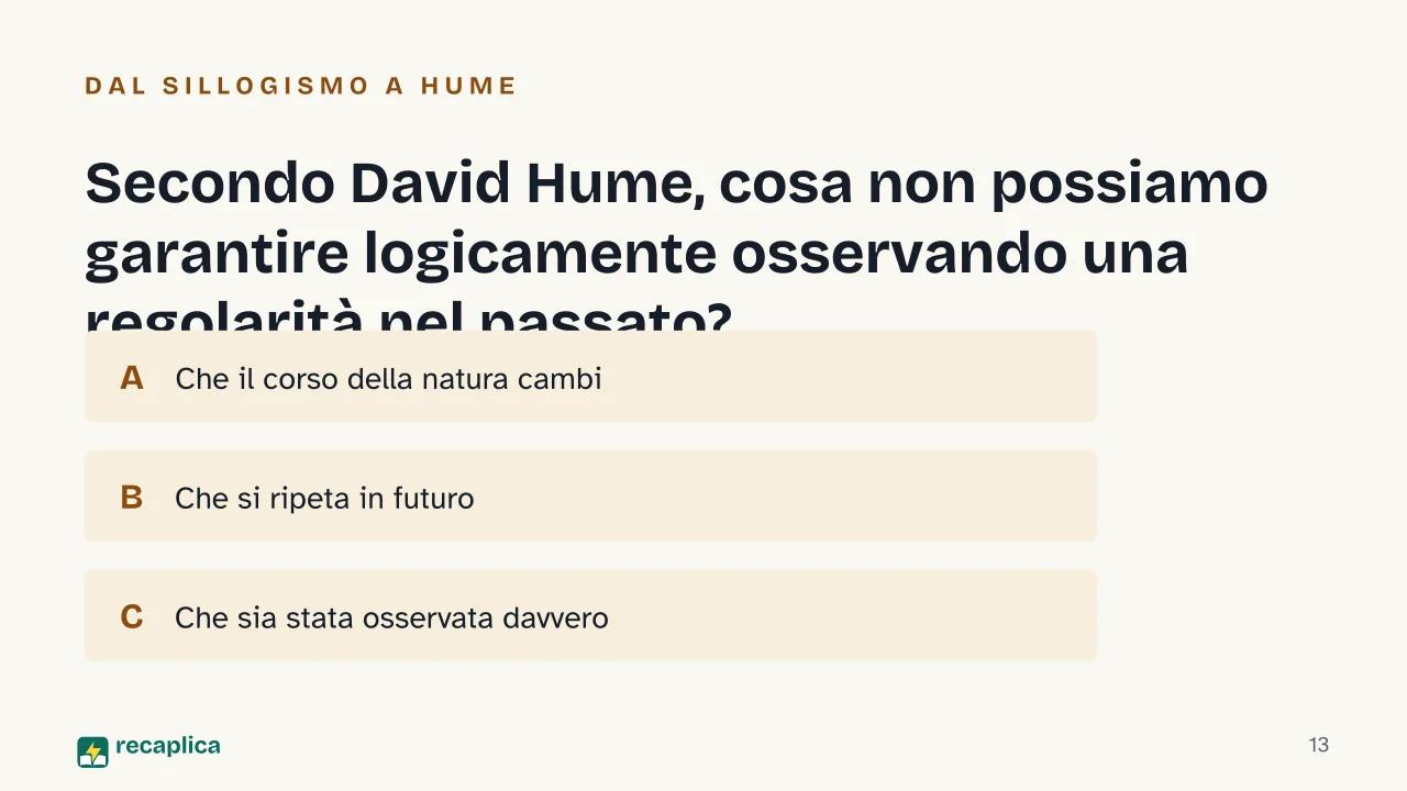 Slide 13 della presentazione su Metodo induttivo e deduttivo: Secondo David Hume, cosa non possiamo garantire logicamente osservando una regolarità nel passato?