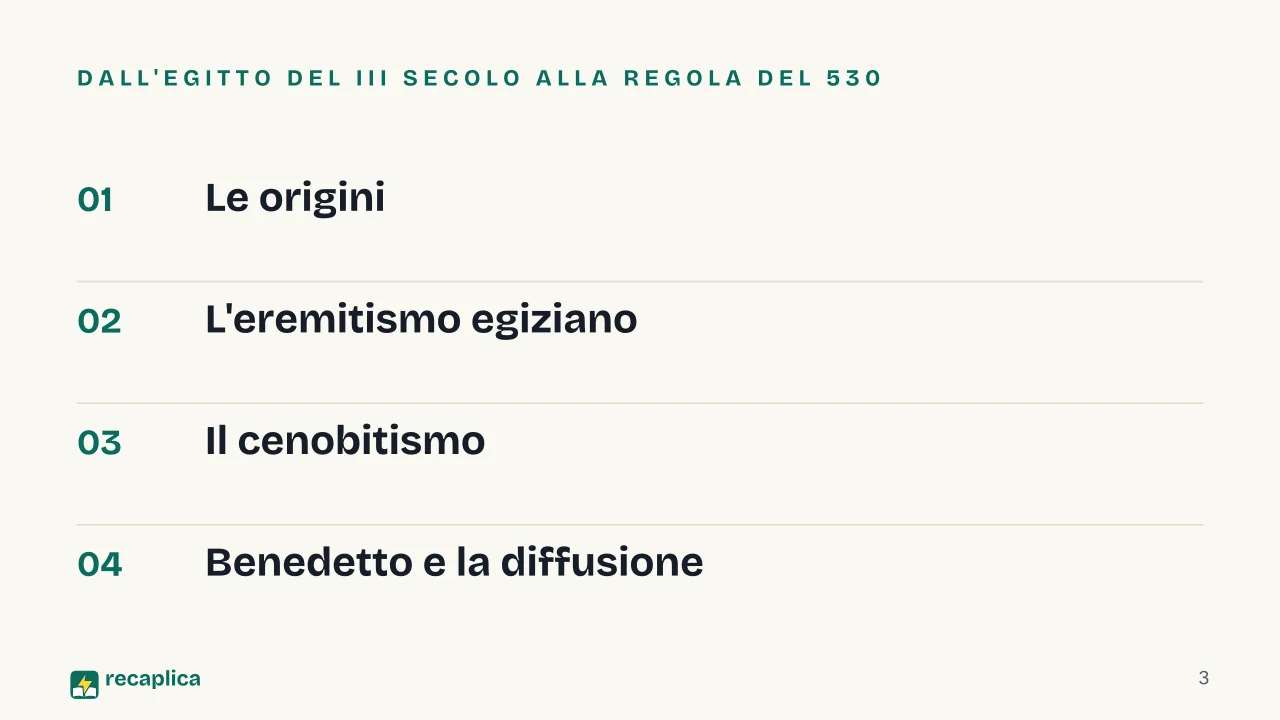 Slide 3 della presentazione su Monachesimo: Dall'Egitto del III secolo alla Regola del 530