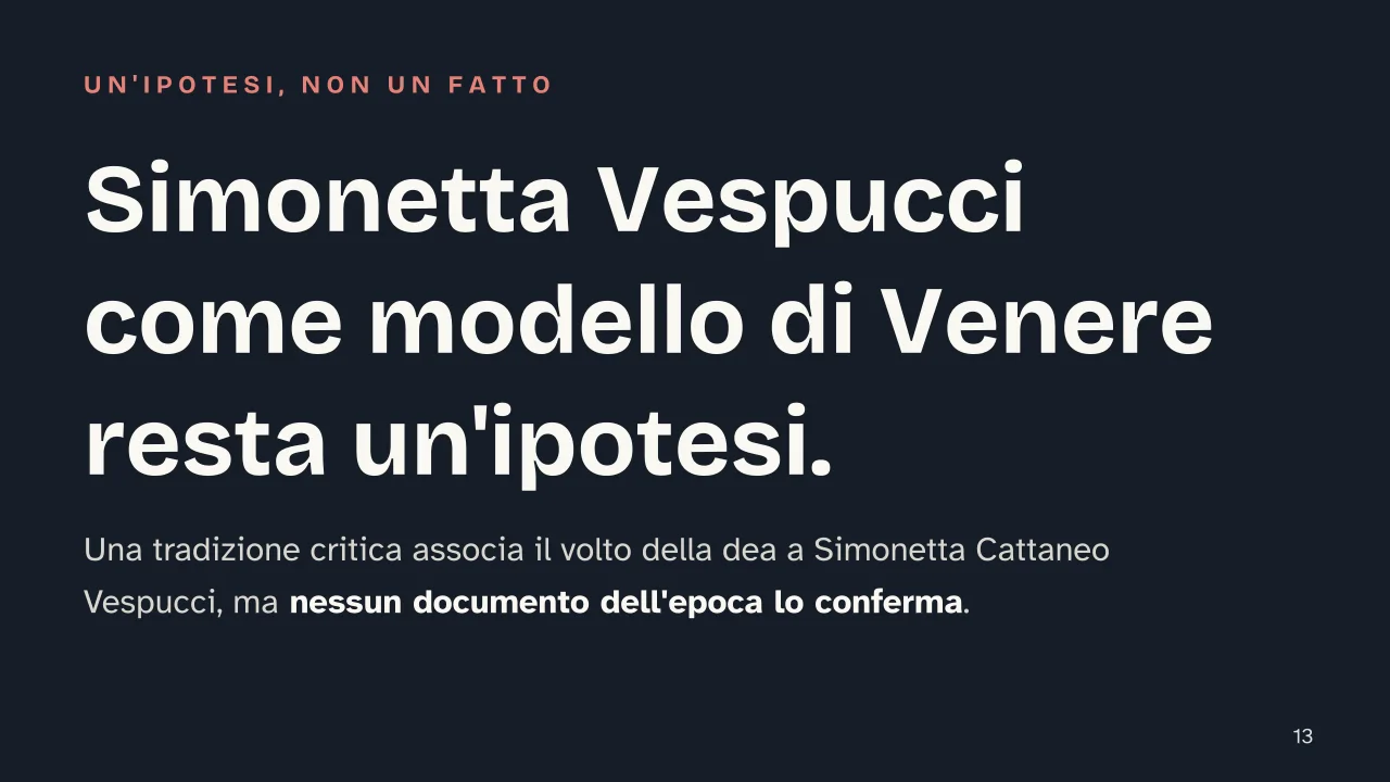 Slide 13 della presentazione su Venere di Botticelli: Simonetta Vespucci come modello di Venere resta un'ipotesi.