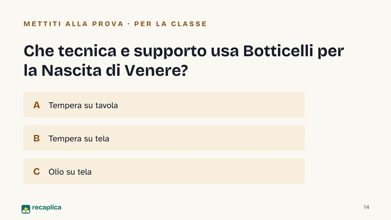 Slide 14 della presentazione su Venere di Botticelli: Che tecnica e supporto usa Botticelli per la Nascita di Venere?