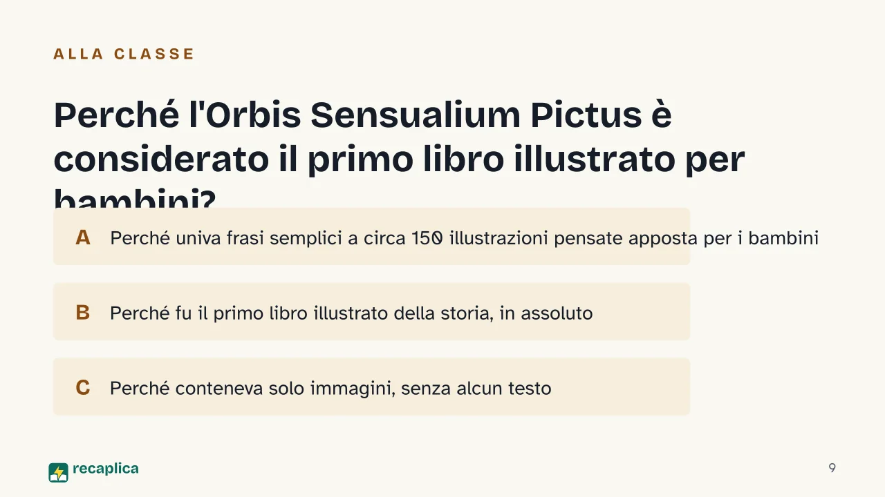 Slide 9 della presentazione su Orbis Sensualium Pictus: Perché l'Orbis Sensualium Pictus è considerato il primo libro illustrato per bambini?