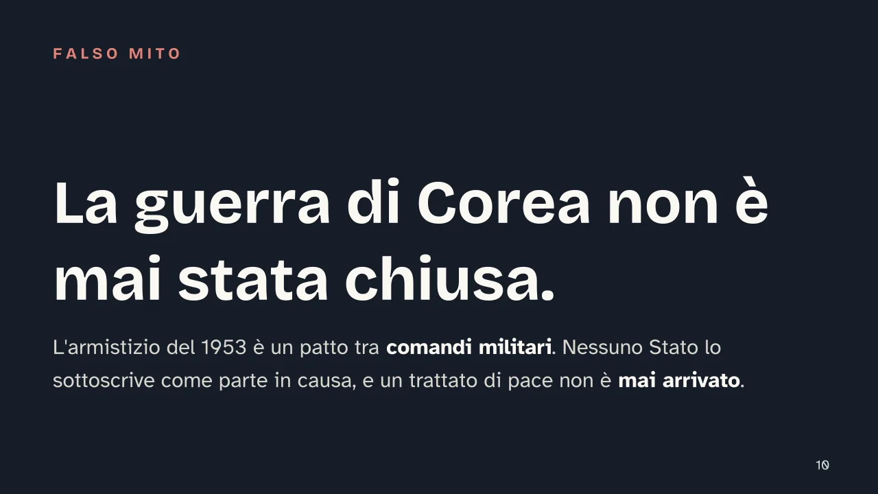Slide 10 della presentazione su Perché la Corea è divisa in due: La guerra di Corea non è mai stata chiusa.