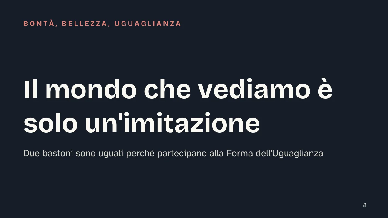 Slide 8 della presentazione su Platone: Il mondo che vediamo è solo un'imitazione