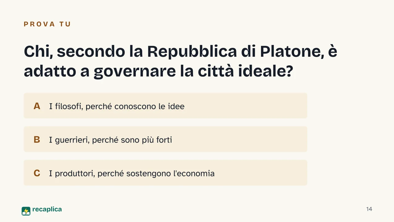 Slide 14 della presentazione su Platone: Chi, secondo la Repubblica di Platone, è adatto a governare la città ideale?