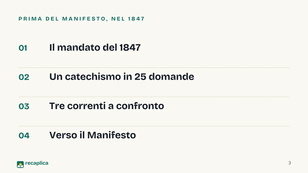 Slide 3 della presentazione su I Principi del comunismo di Engels, cos'è e cosa dice il testo del 1847: Prima del Manifesto, nel 1847