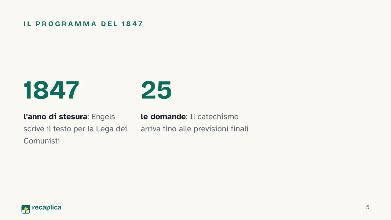 Slide 5 della presentazione su I Principi del comunismo di Engels, cos'è e cosa dice il testo del 1847: Il programma del 1847