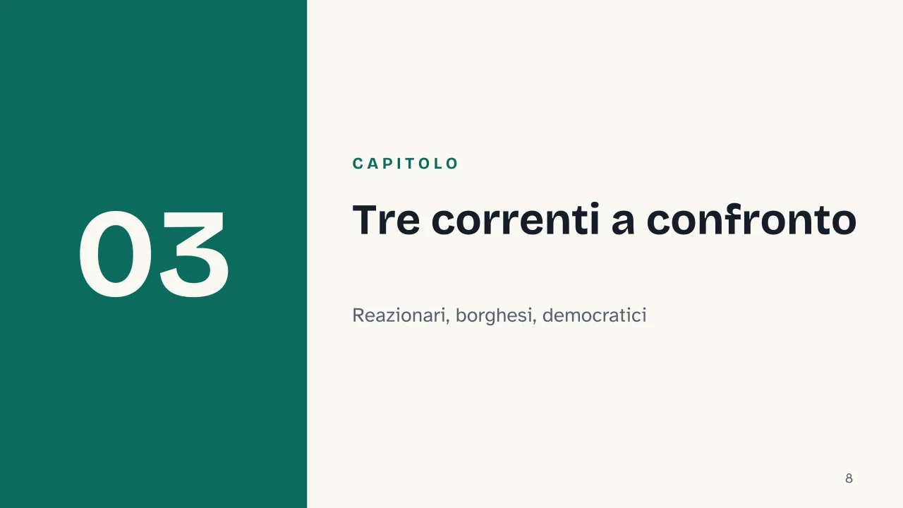 Slide 8 della presentazione su I Principi del comunismo di Engels, cos'è e cosa dice il testo del 1847: Capitolo 03: Tre correnti a confronto