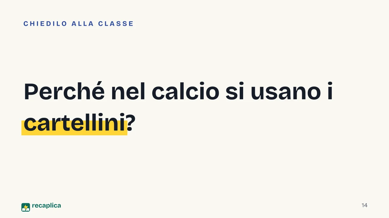 Slide 14 della presentazione su Le regole del calcio: Perché nel calcio si usano i cartellini?