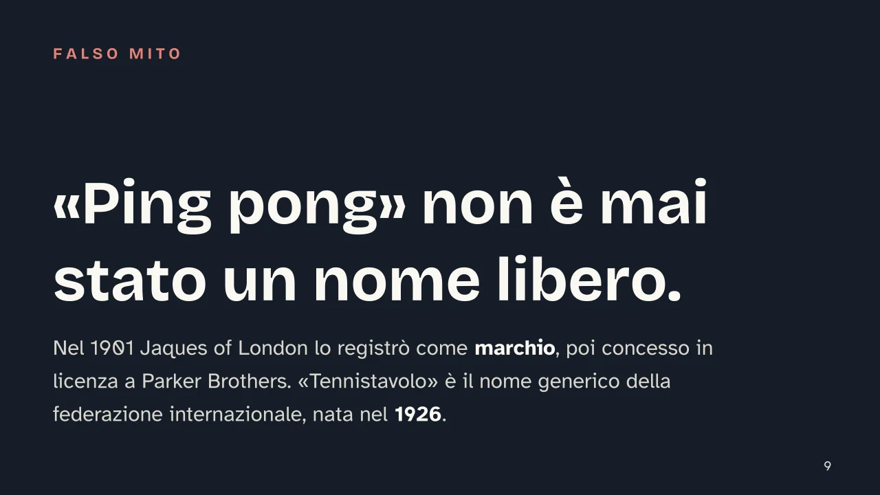 Slide 9 della presentazione su Le regole del ping pong: «Ping pong» non è mai stato un nome libero.