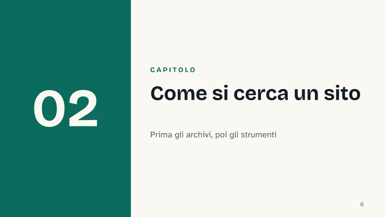 Slide 6 della presentazione su Relitto: Capitolo 02: Come si cerca un sito