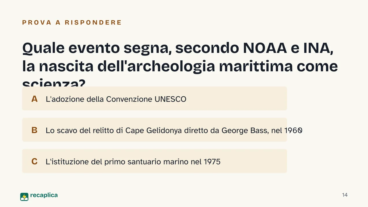 Slide 14 della presentazione su Relitto: Quale evento segna, secondo NOAA e INA, la nascita dell'archeologia marittima come scienza?