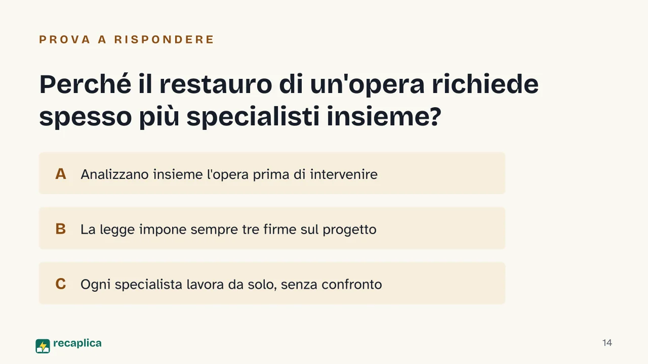 Slide 14 della presentazione su Restauro opere d'arte: Perché il restauro di un'opera richiede spesso più specialisti insieme?