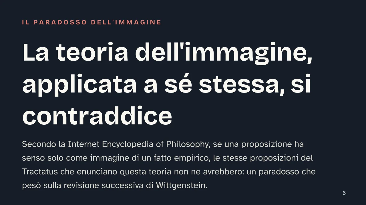 Slide 6 della presentazione su Ricerche filosofiche di Wittgenstein: La teoria dell'immagine, applicata a sé stessa, si contraddice